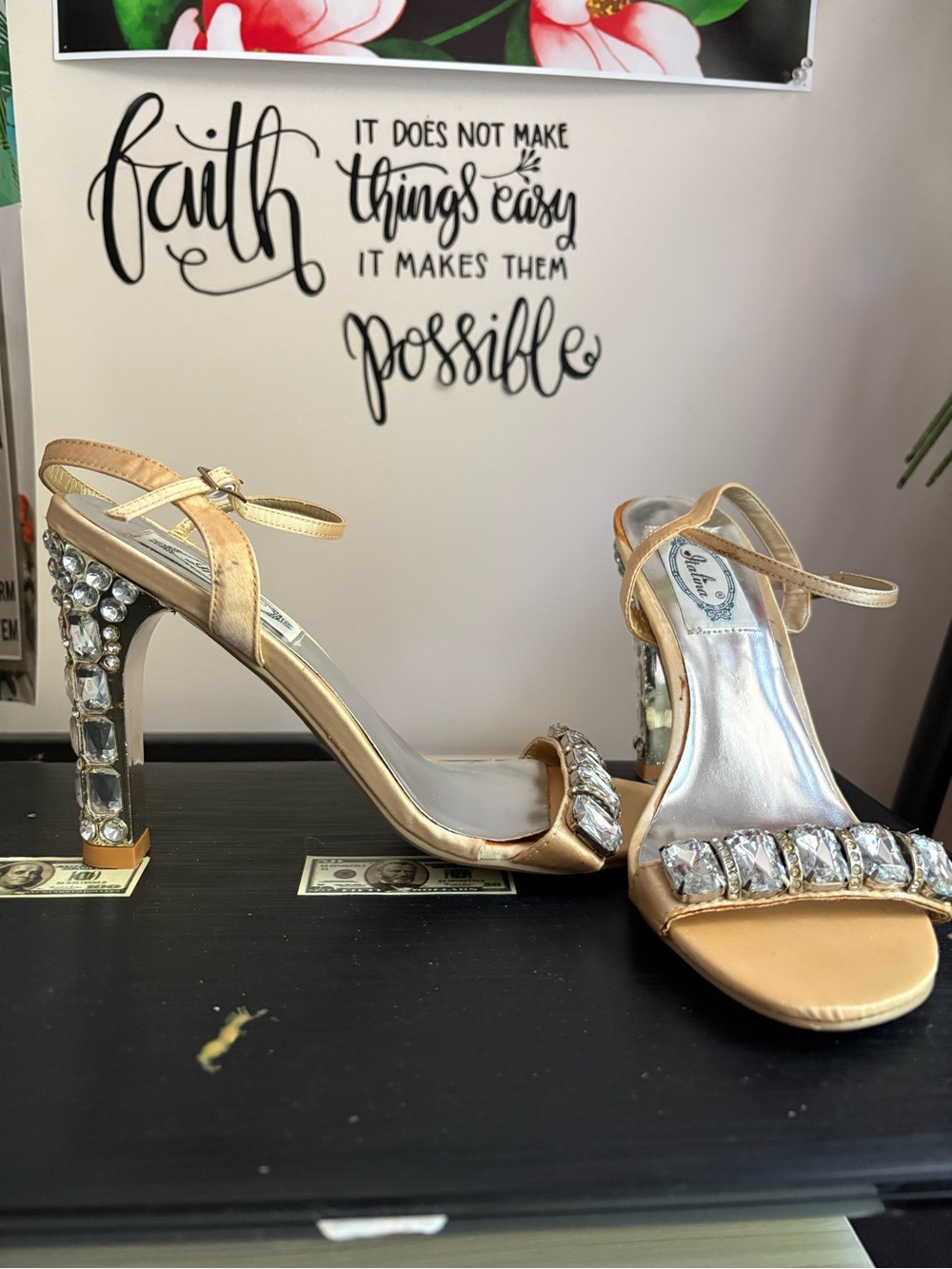 Italina Gold Crystal Block Heel Sandals